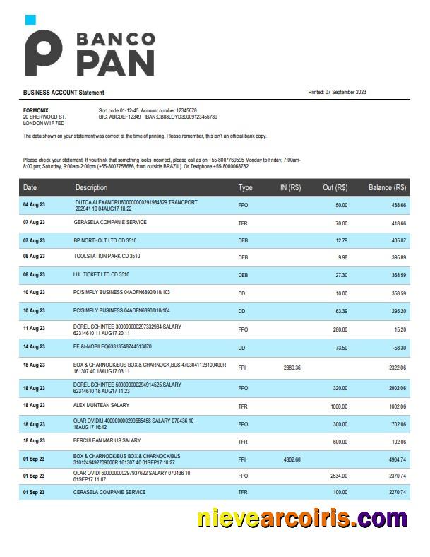 Banco Pan Bank firm account statement